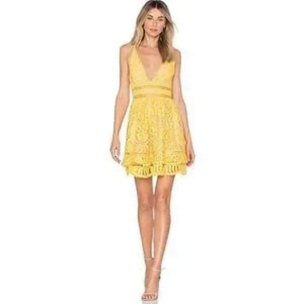 Lovers + Friends Women Dainty Lace Party Dress Yellow Plunging Bright Small